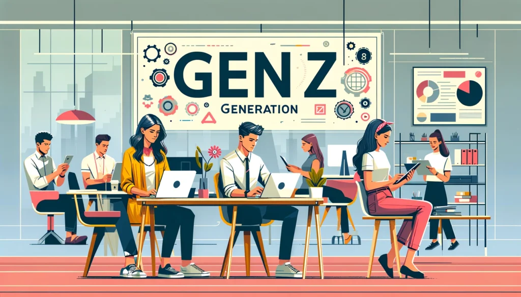 Infographic highlighting Gen Z workplace expectations: sustainability, flexibility, ethical leadership, and digital engagement.